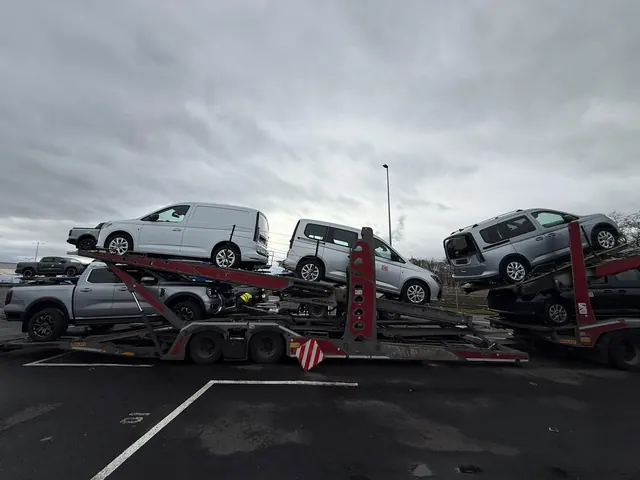 Platformă Romfour transportând autoutilitare și monovolume